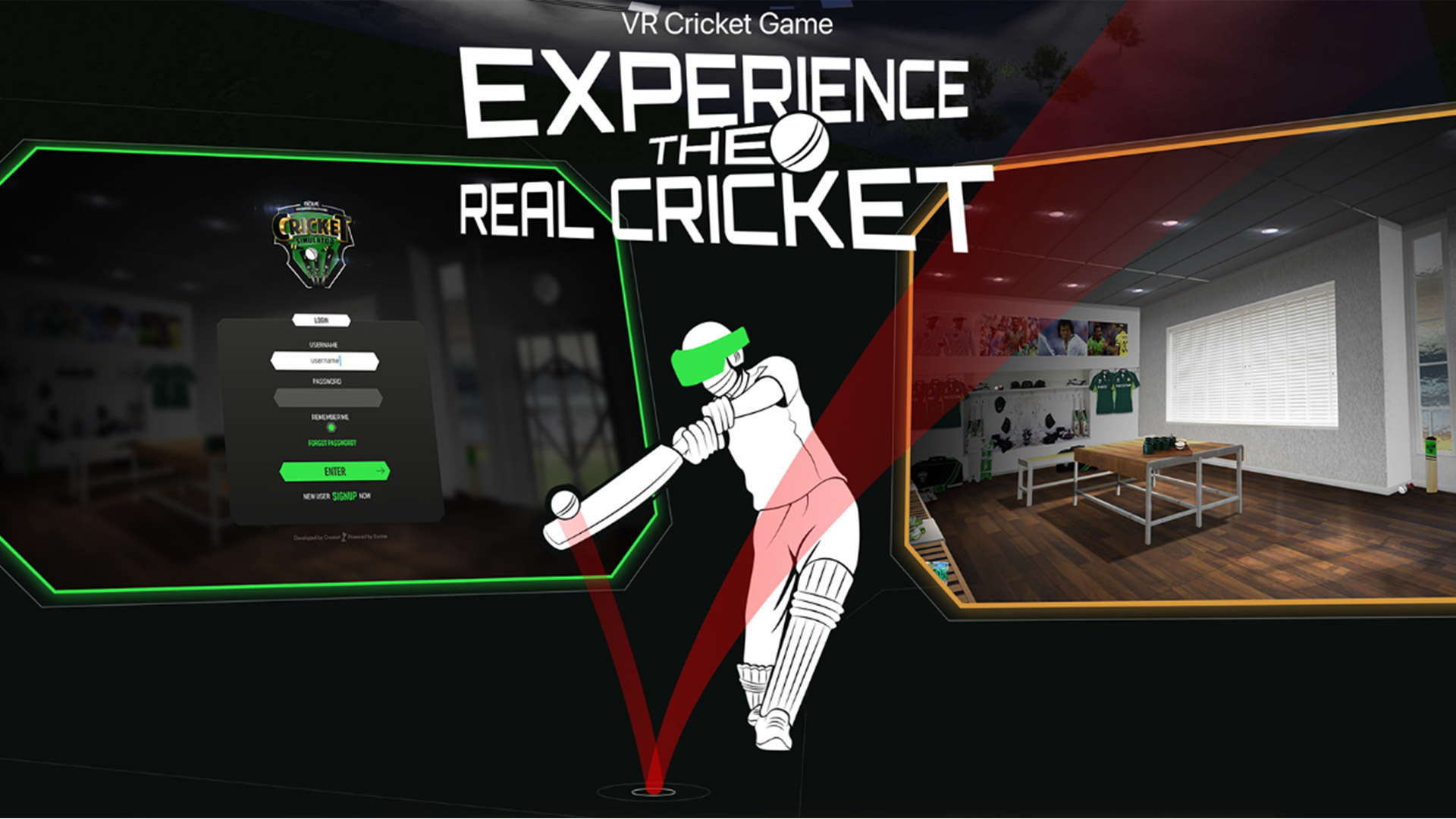 VR cricket game with cheering stadium spectators