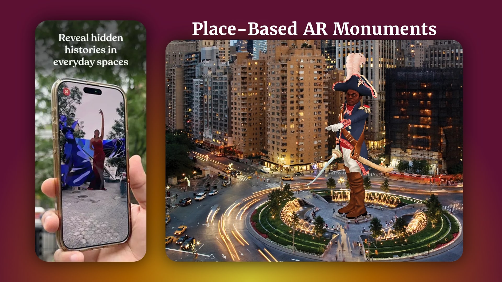 Kinfolk app showing place-based augmented reality monument in public space