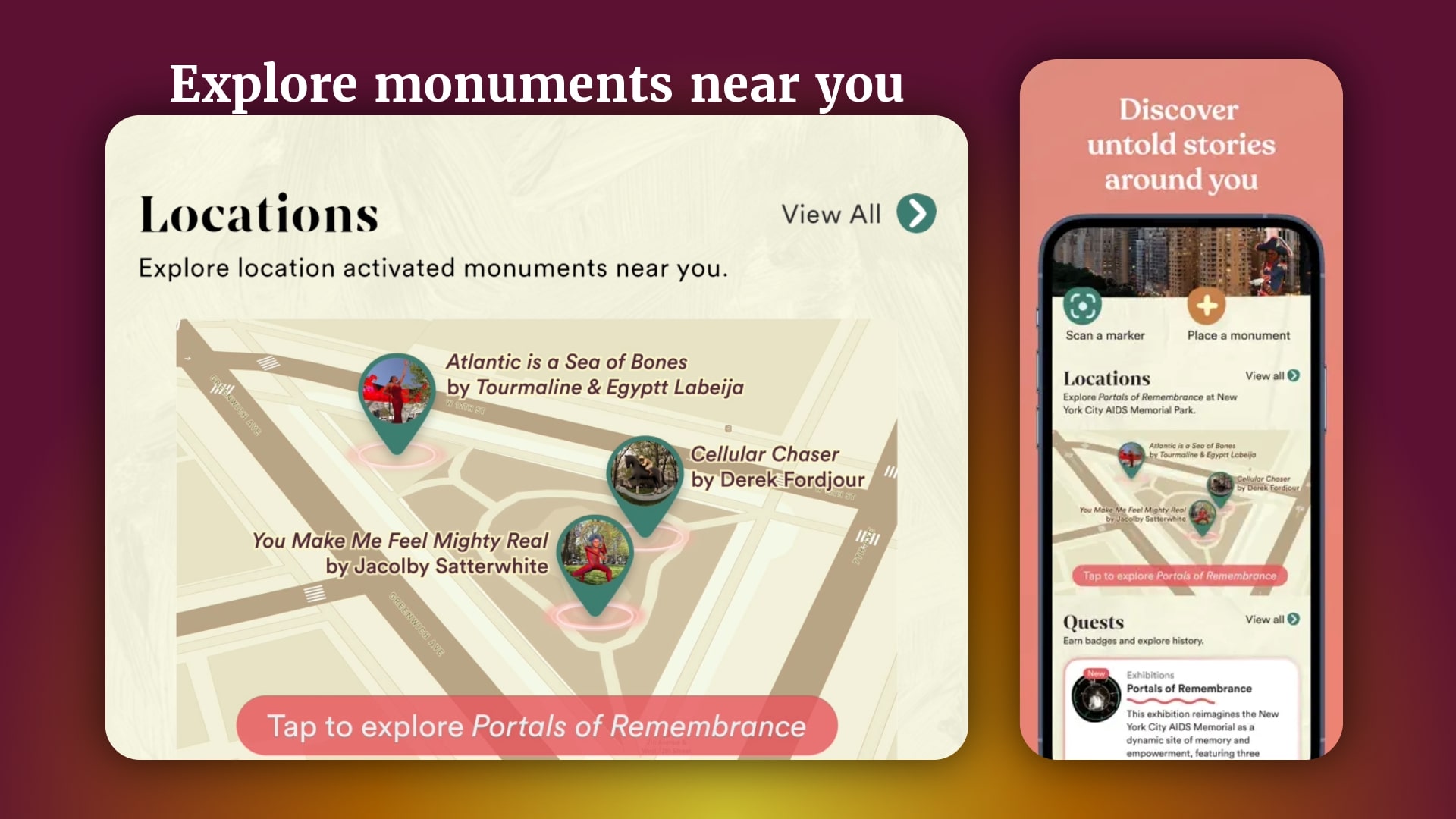 Kinfolk Monuments Library interface for browsing stories by theme and location